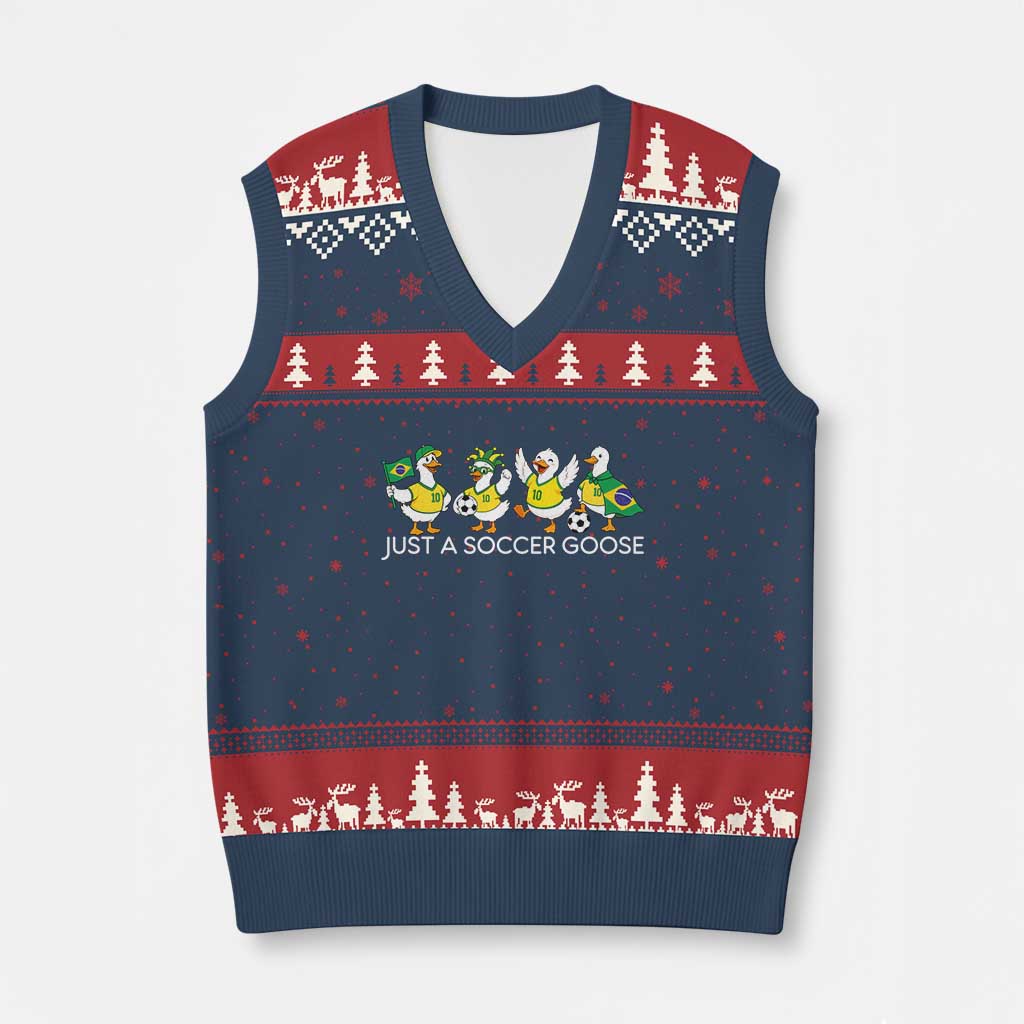 Funny Just A Soccer Goose V-Neck Knit Sweater Vest Brazil Football Fan TS12 Navy Red Print Your Wear