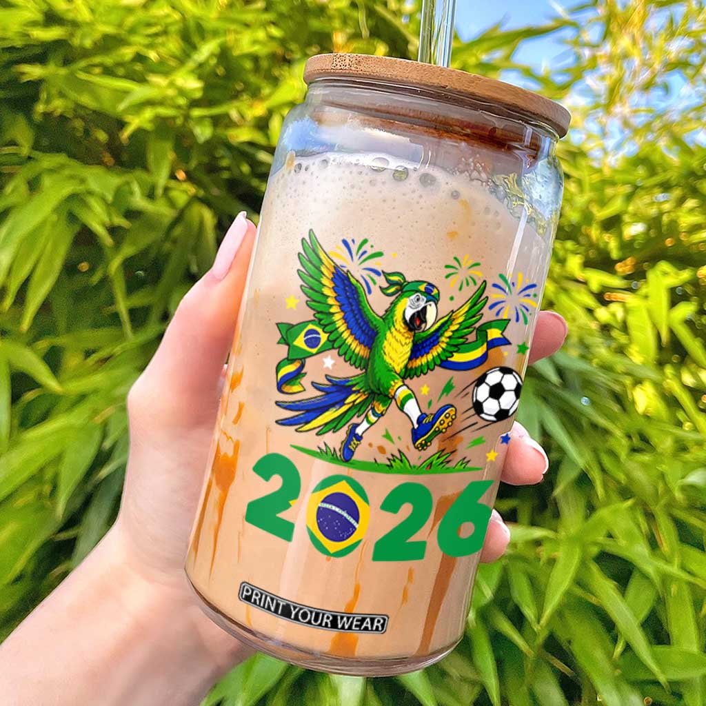 Funny Brazil Soccer Macaw Glass Can 2026 Football Fan Graphic