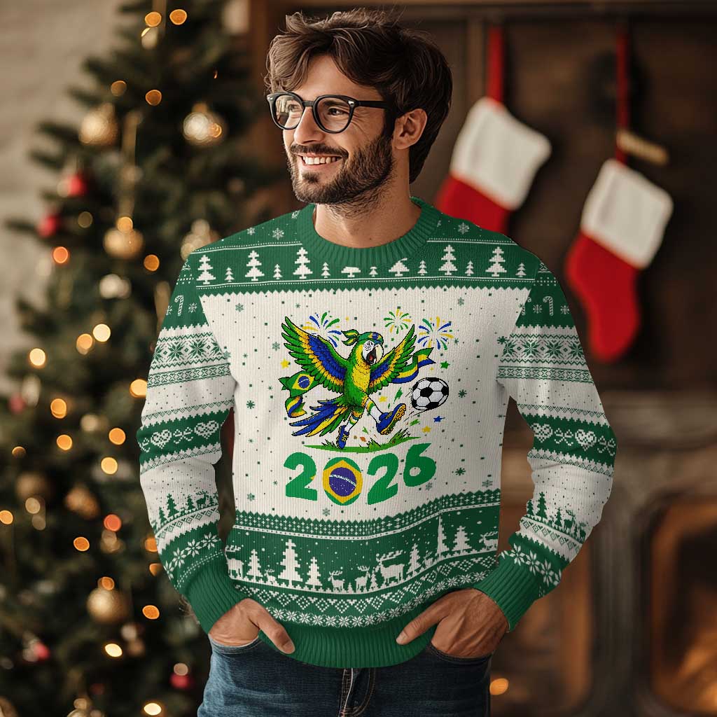 Funny Brazil Soccer Macaw Ugly Christmas Sweater 2026 Football Fan Graphic