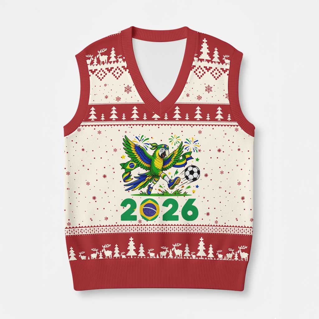 Funny Brazil Soccer Macaw V-Neck Knit Sweater Vest 2026 Football Fan Graphic TS12 Beige Red Print Your Wear
