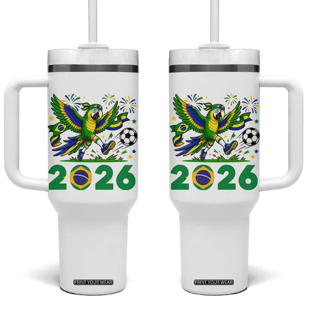 Funny Brazil Soccer Macaw Tumbler With Handle 2026 Football Fan Graphic TS12 One Size: 40 oz White Print Your Wear