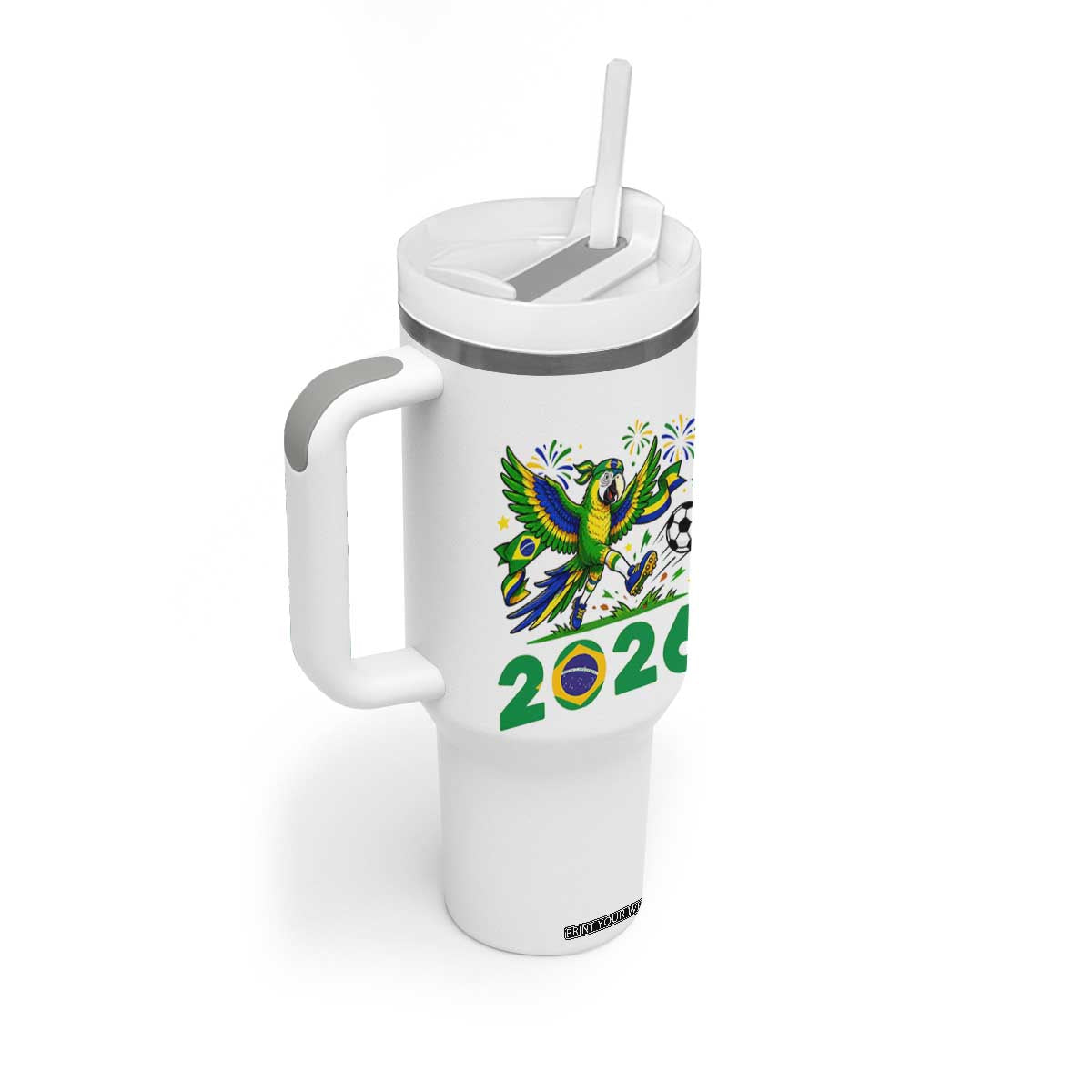 Funny Brazil Soccer Macaw Tumbler With Handle 2026 Football Fan Graphic