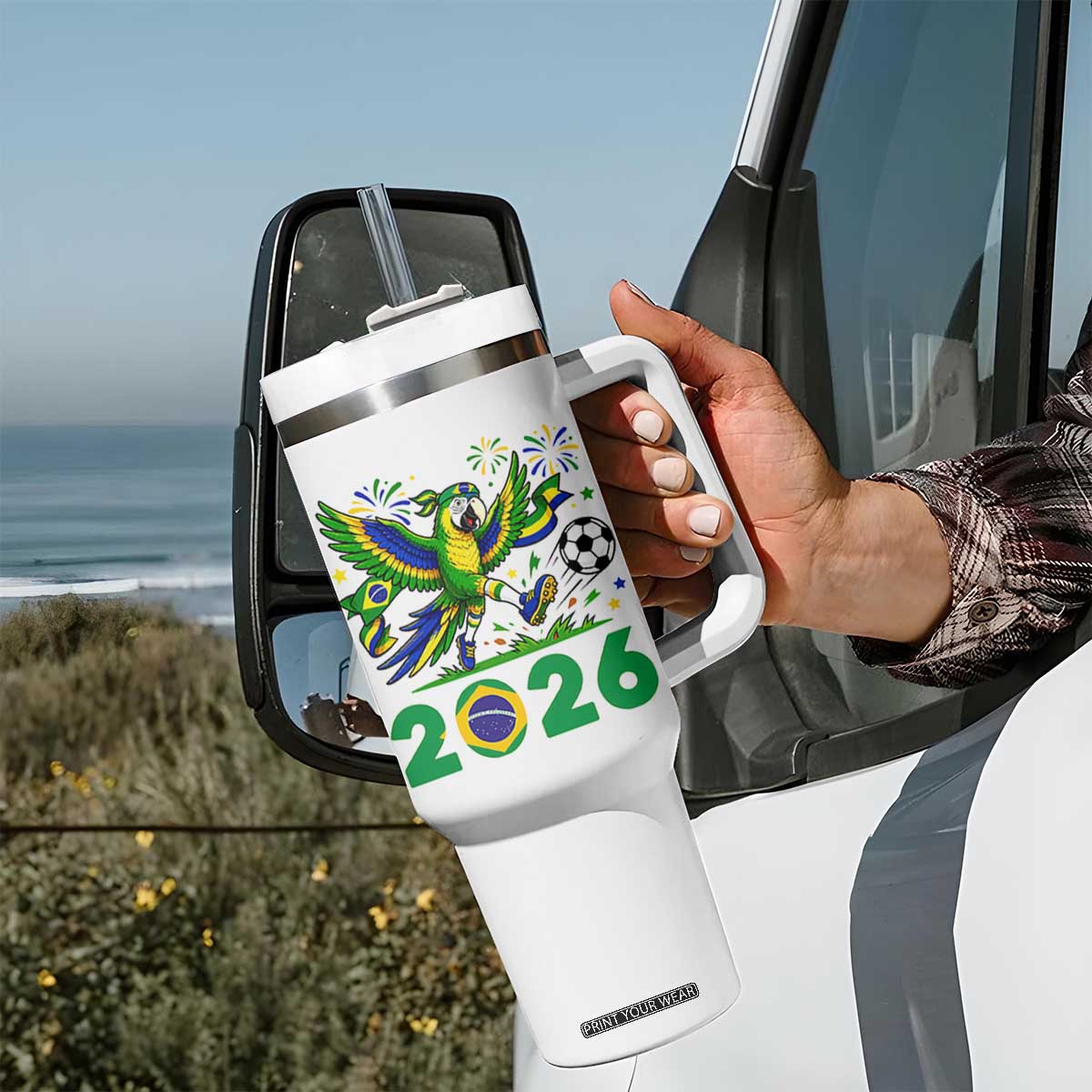 Funny Brazil Soccer Macaw Tumbler With Handle 2026 Football Fan Graphic