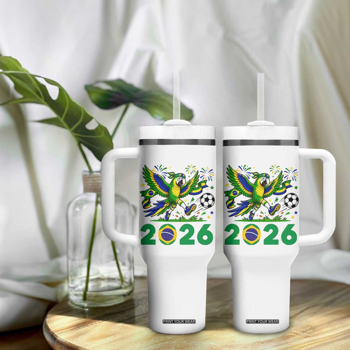 Funny Brazil Soccer Macaw Tumbler With Handle 2026 Football Fan Graphic