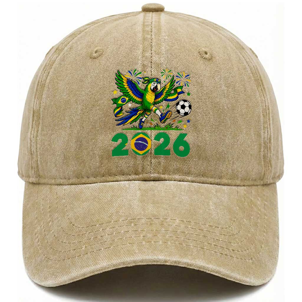 Funny Brazil Soccer Macaw Washed Cotton Baseball Cap 2026 Football Fan Graphic