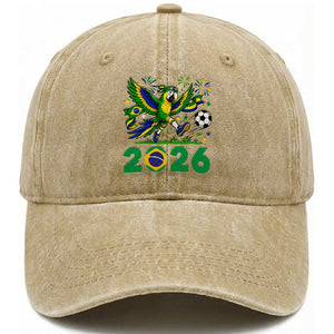 Funny Brazil Soccer Macaw Washed Cotton Baseball Cap 2026 Football Fan Graphic