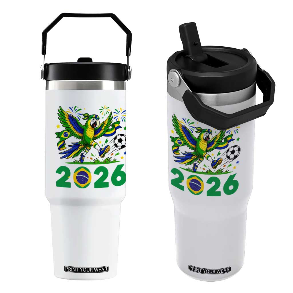 Funny Brazil Soccer Macaw Flip Straw Tumbler 2026 Football Fan Graphic