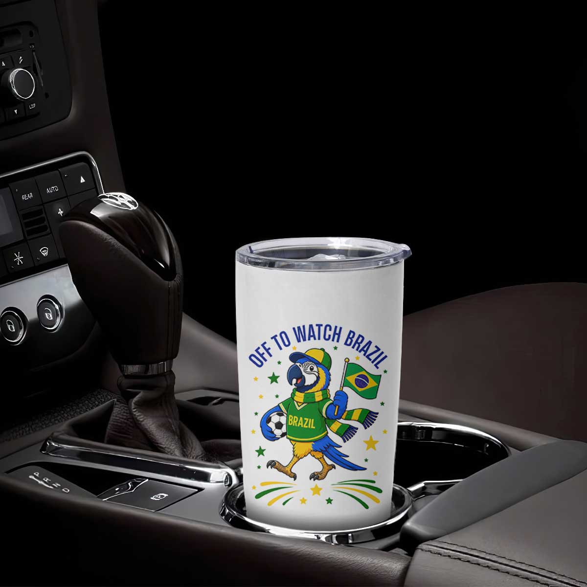 Off To Watch Brazil Tumbler Cup Funny Tropical Bird Soccer Fan