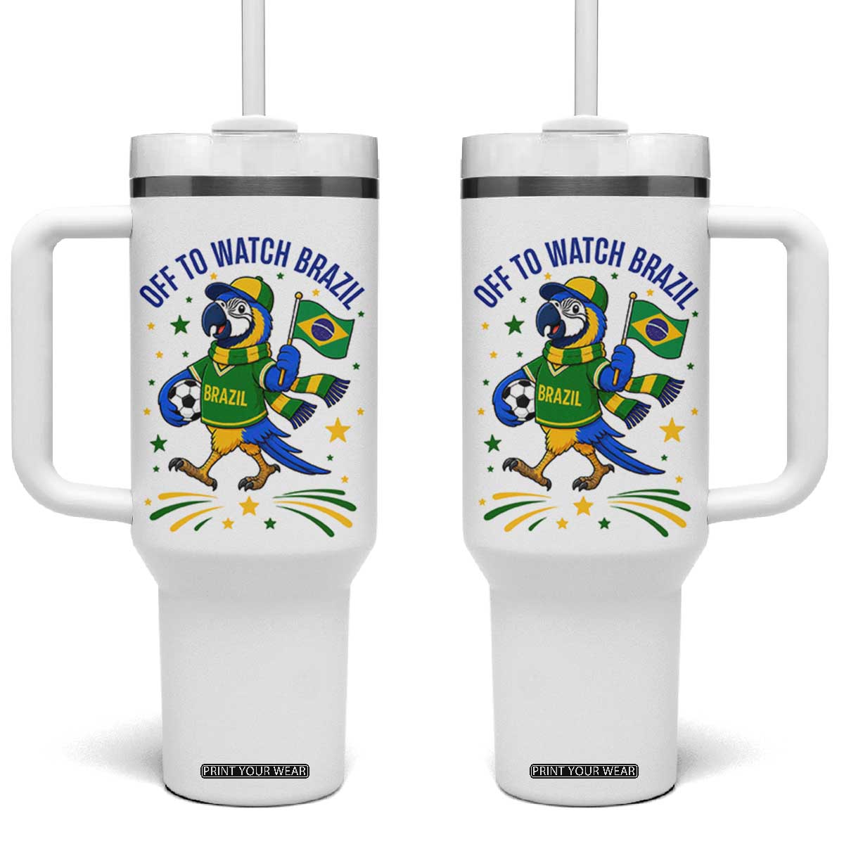 Off To Watch Brazil Tumbler With Handle Funny Tropical Bird Soccer Fan