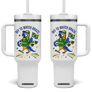Off To Watch Brazil Tumbler With Handle Funny Tropical Bird Soccer Fan
