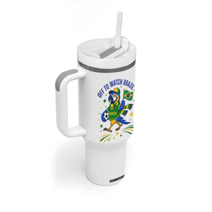 Off To Watch Brazil Tumbler With Handle Funny Tropical Bird Soccer Fan