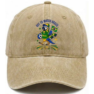 Off To Watch Brazil Washed Cotton Baseball Cap Funny Tropical Bird Soccer Fan