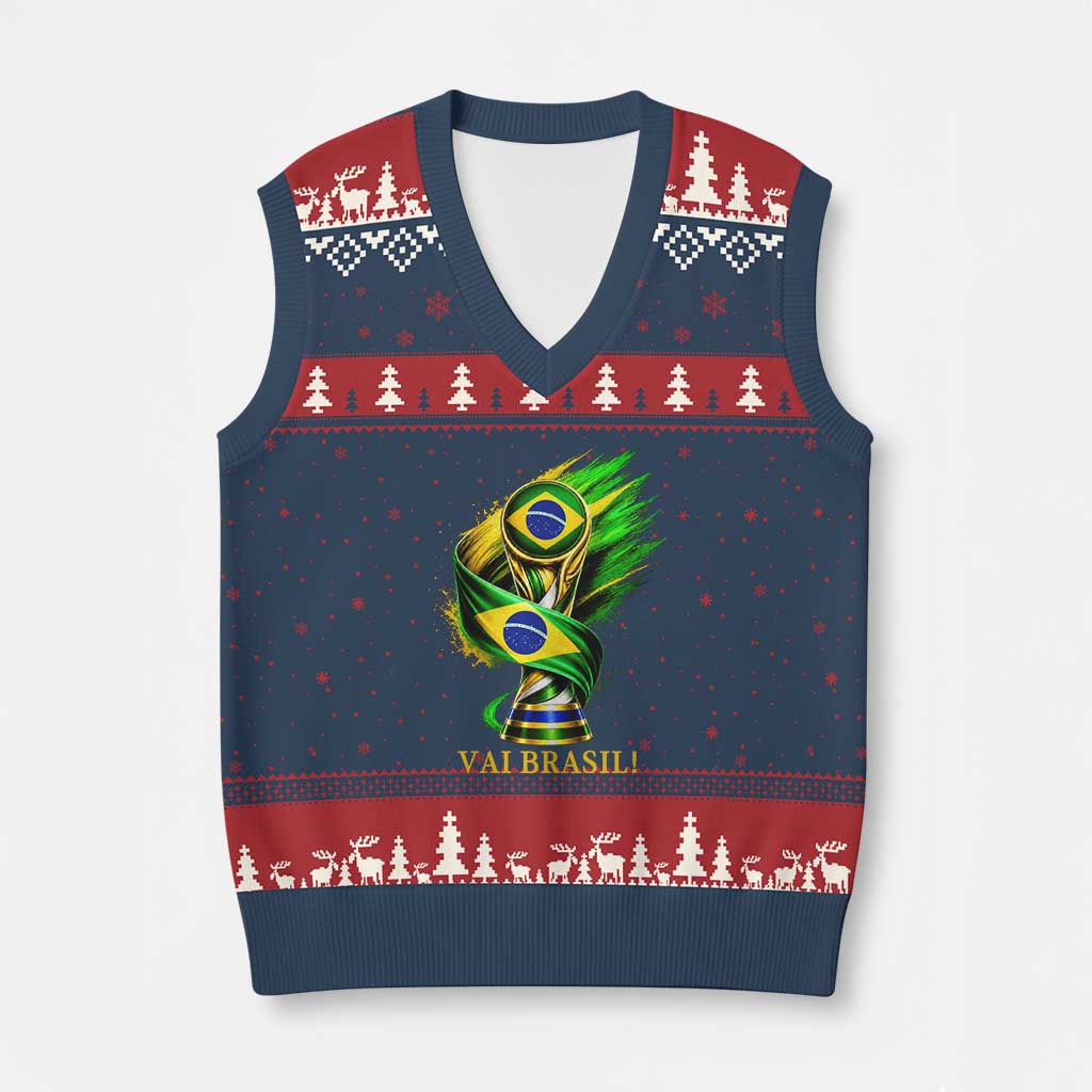 Brazil Soccer Fan 2026 Gift V-Neck Knit Sweater Vest Vai Brasil TS12 Navy Red Print Your Wear