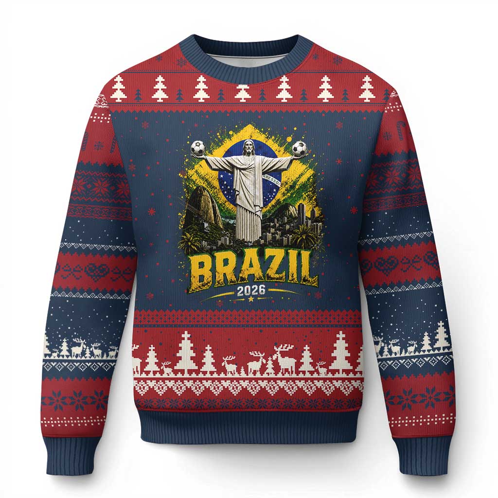 Brazilian Futbol 2026 Ugly Christmas Sweater Christ The Redeemer Football Pride TS12 Navy Red Print Your Wear