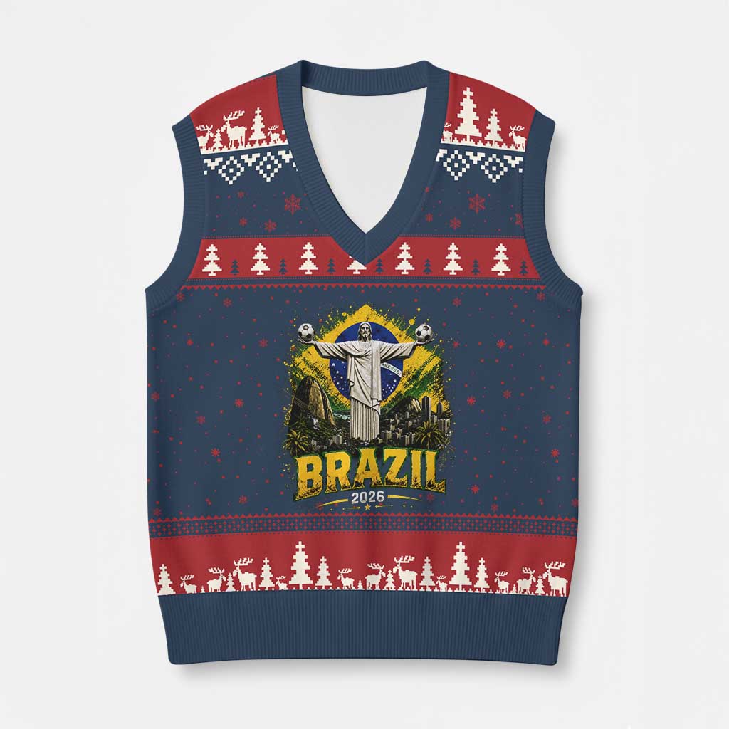 Brazilian Futbol 2026 V-Neck Knit Sweater Vest Christ The Redeemer Football Pride TS12 Navy Red Print Your Wear