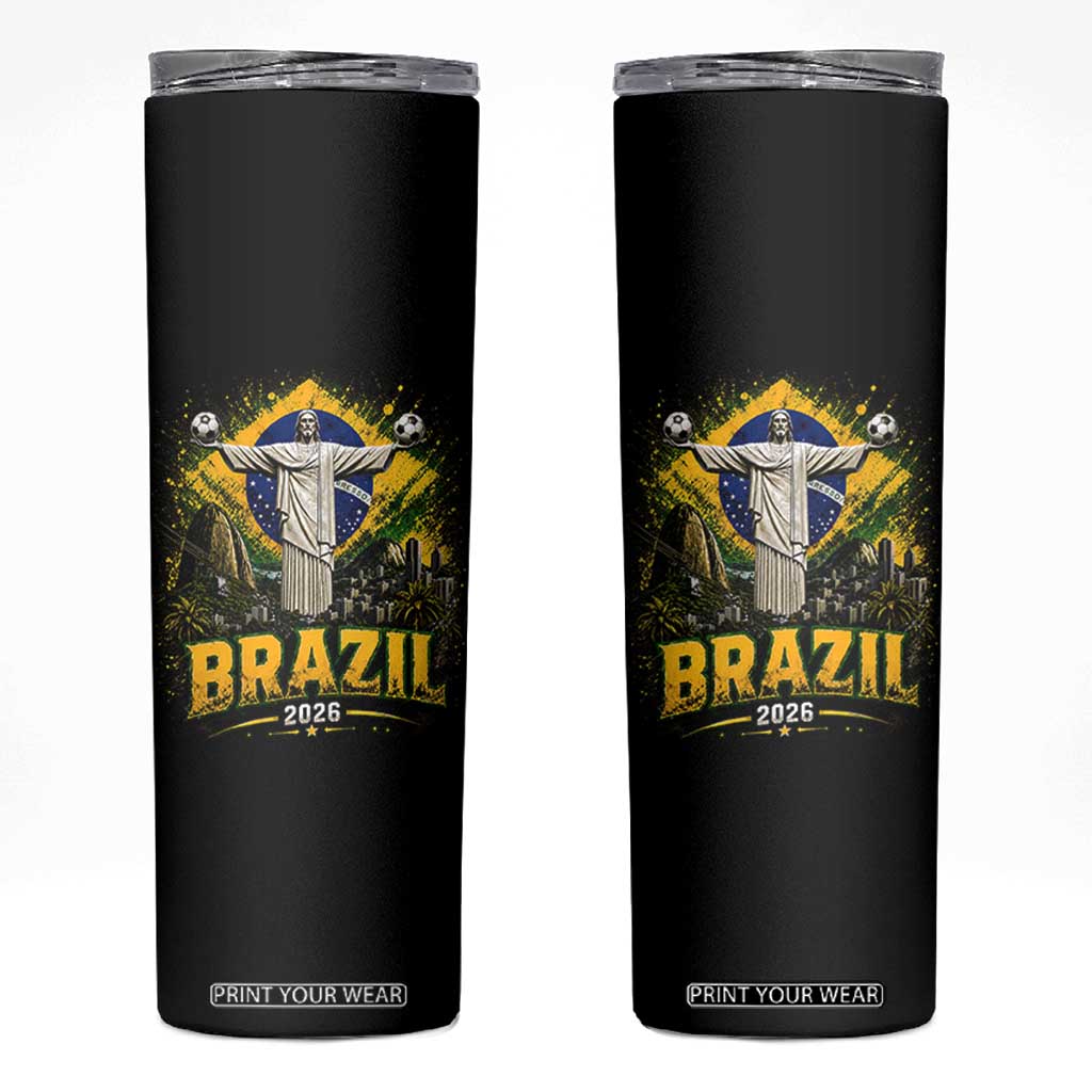 Brazilian Futbol 2026 Skinny Tumbler Christ The Redeemer Football Pride TS12 Black Print Your Wear