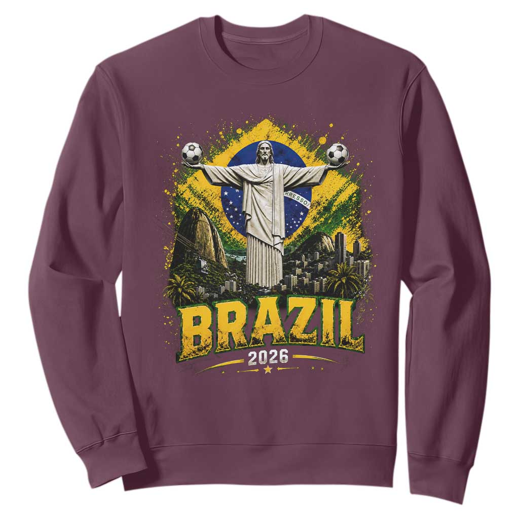 Brazilian Futbol 2026 Sweatshirt Christ The Redeemer Football Pride TS12 Maroon Print Your Wear
