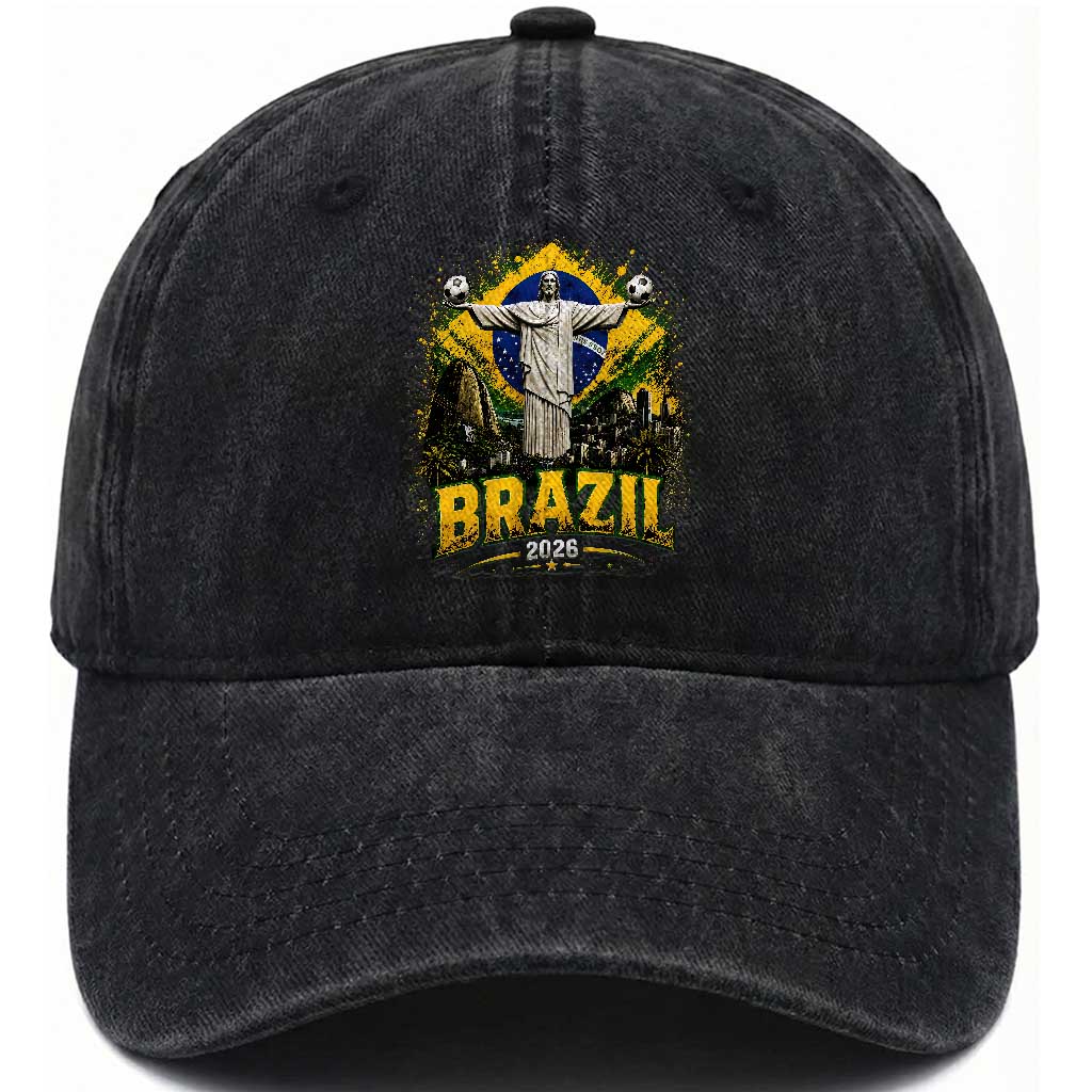 Brazilian Futbol 2026 Washed Cotton Baseball Cap Christ The Redeemer Football Pride TS12 Print Your Wear