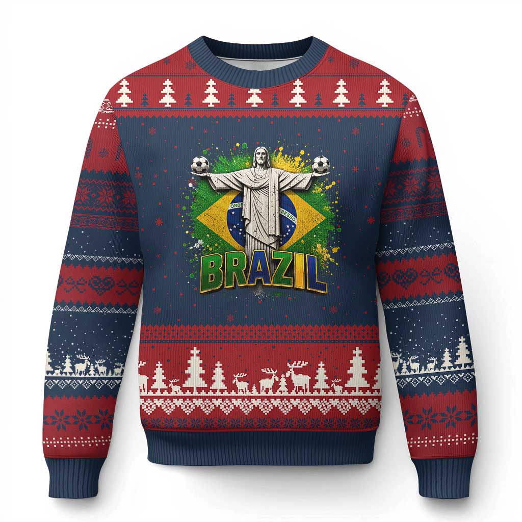 Latin Pride Christ The Redeemer Graphic Ugly Christmas Sweater Brazilian Football 2026