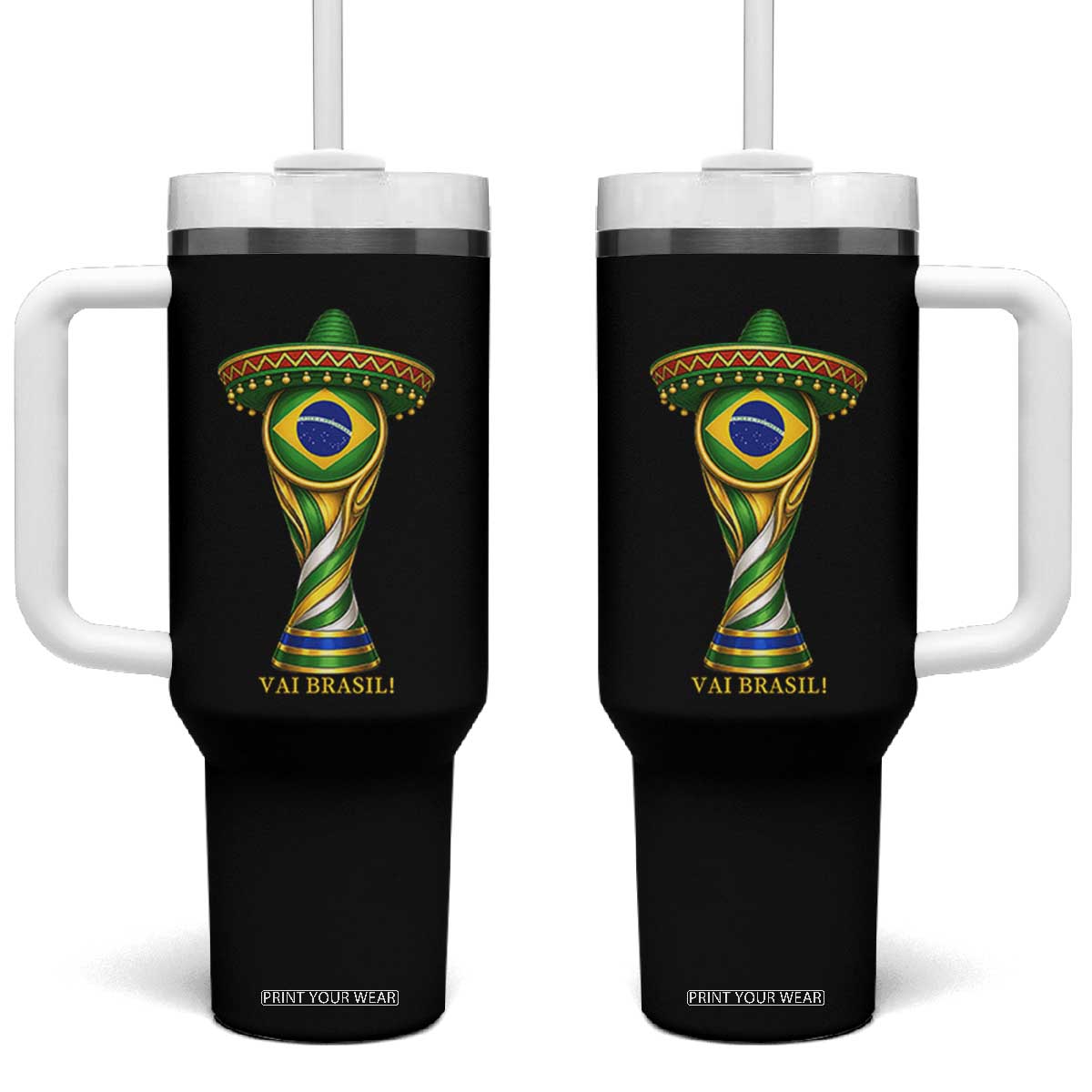 Brazil Football Supporter Gift Tumbler With Handle Vai Brasil TS12 One Size: 40 oz Black Print Your Wear