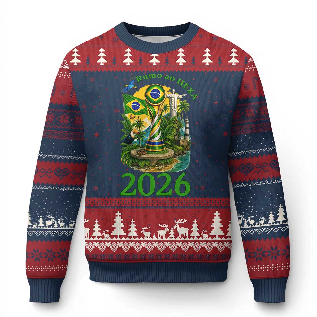 Rumo Ao Hexa Ugly Christmas Sweater Brazil Soccer Fan 2026 Graphic TS12 Navy Red Print Your Wear