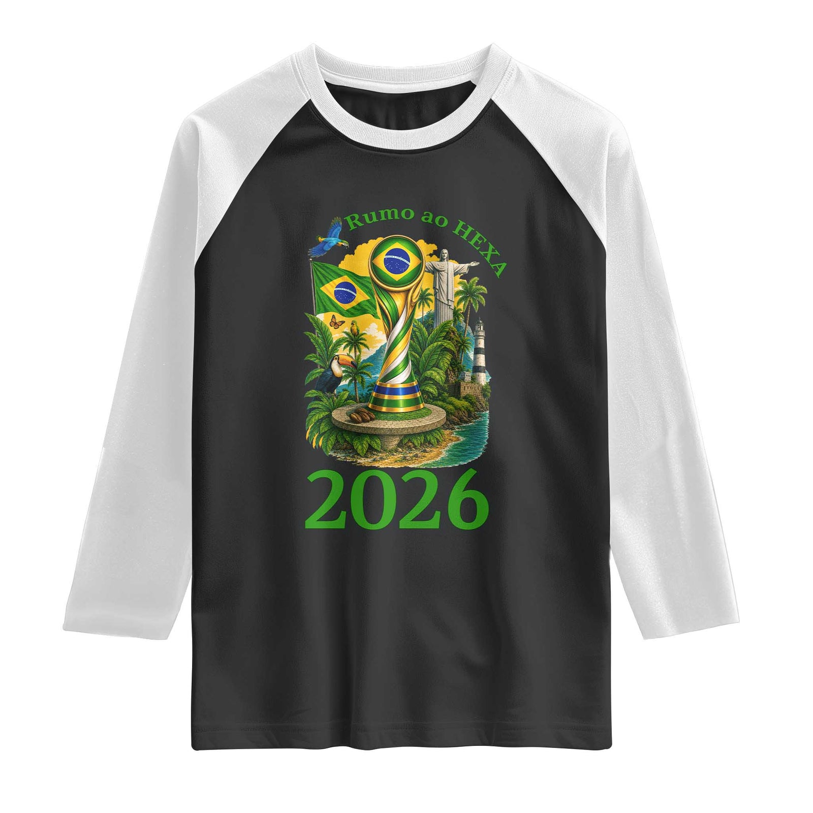 Rumo Ao Hexa Raglan Shirt Brazil Soccer Fan 2026 Graphic TS12 Black White Print Your Wear