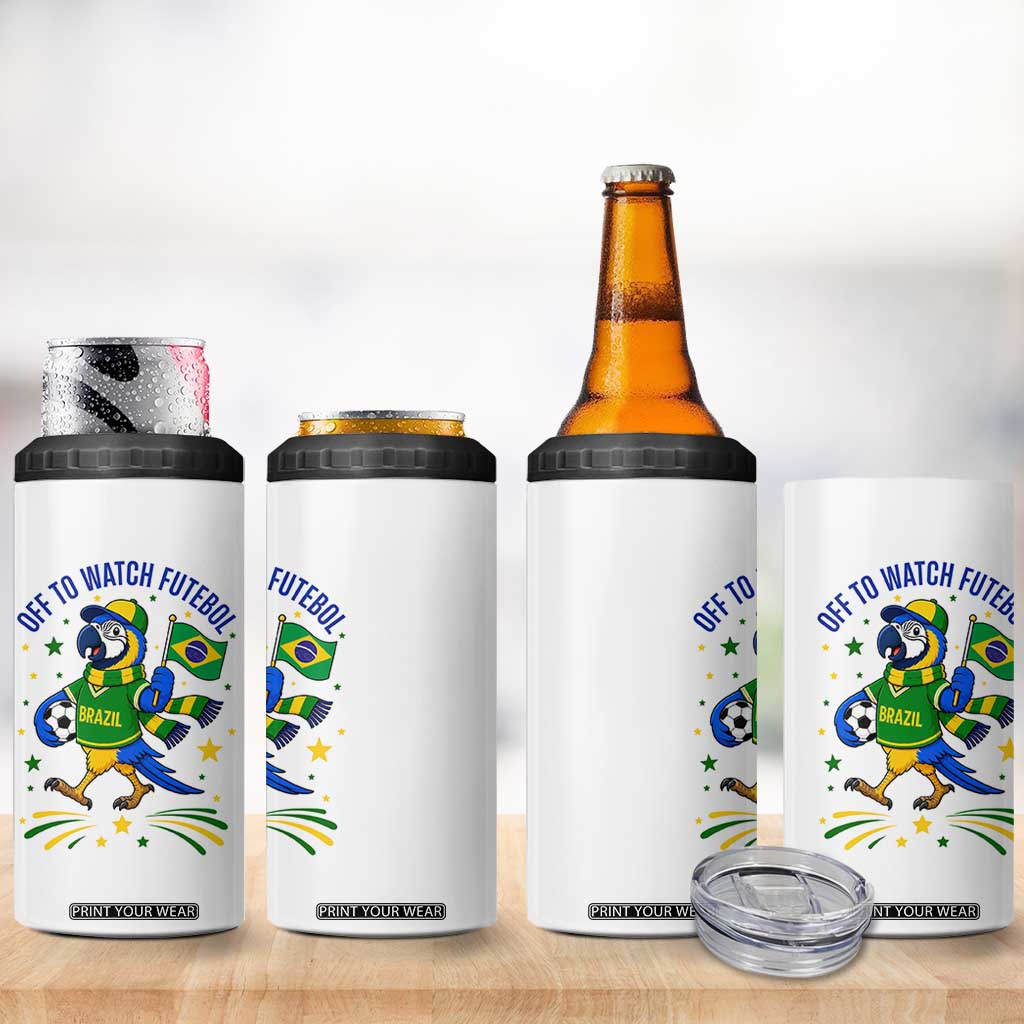 Off To Watch Futebol 4 in 1 Can Cooler Tumbler Funny Brazil Macaw Soccer Fan