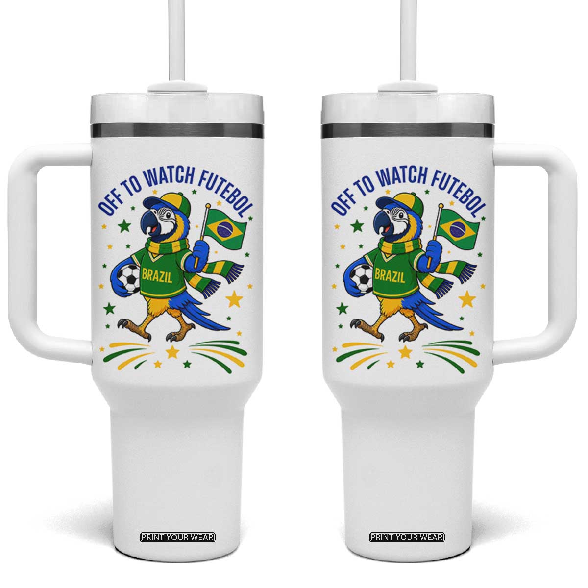 Off To Watch Futebol Tumbler With Handle Funny Brazil Macaw Soccer Fan