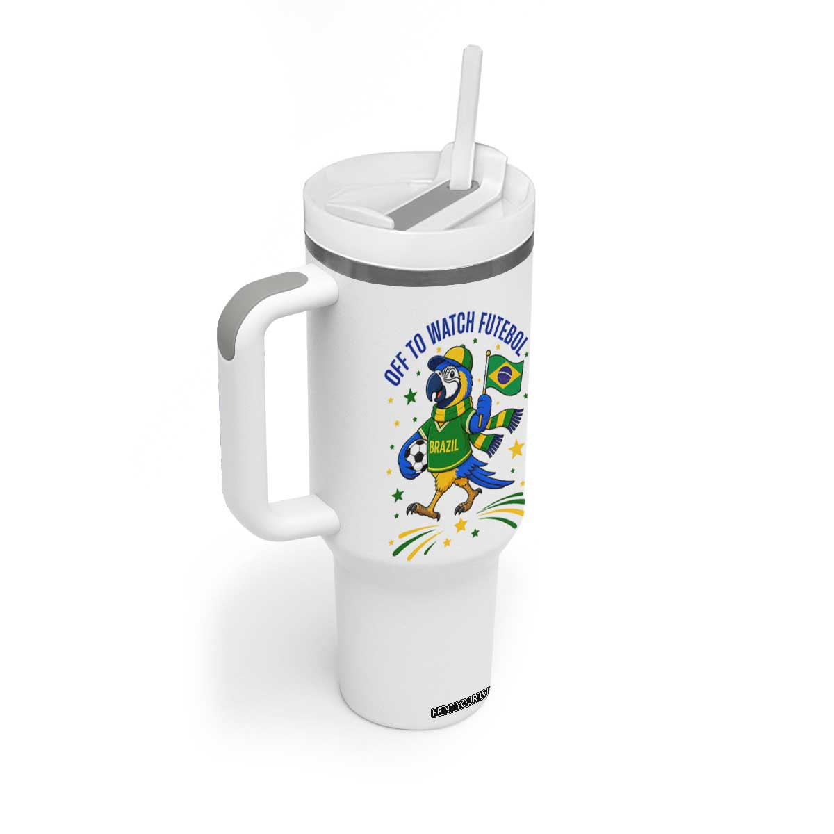 Off To Watch Futebol Tumbler With Handle Funny Brazil Macaw Soccer Fan