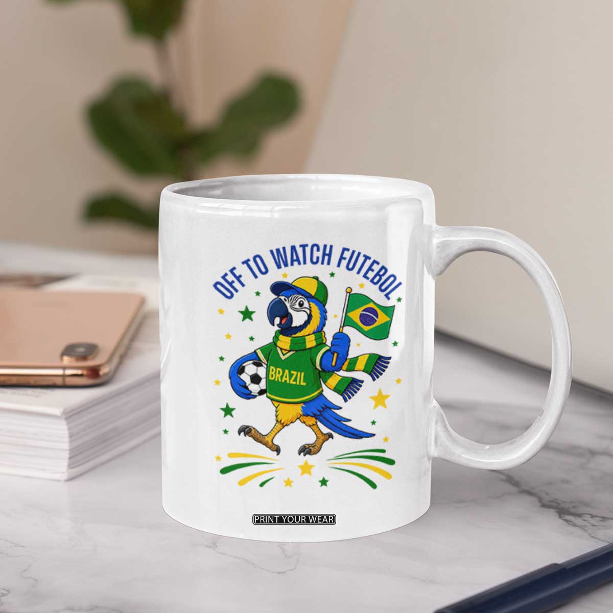 Off To Watch Futebol Coffee Mug Funny Brazil Macaw Soccer Fan