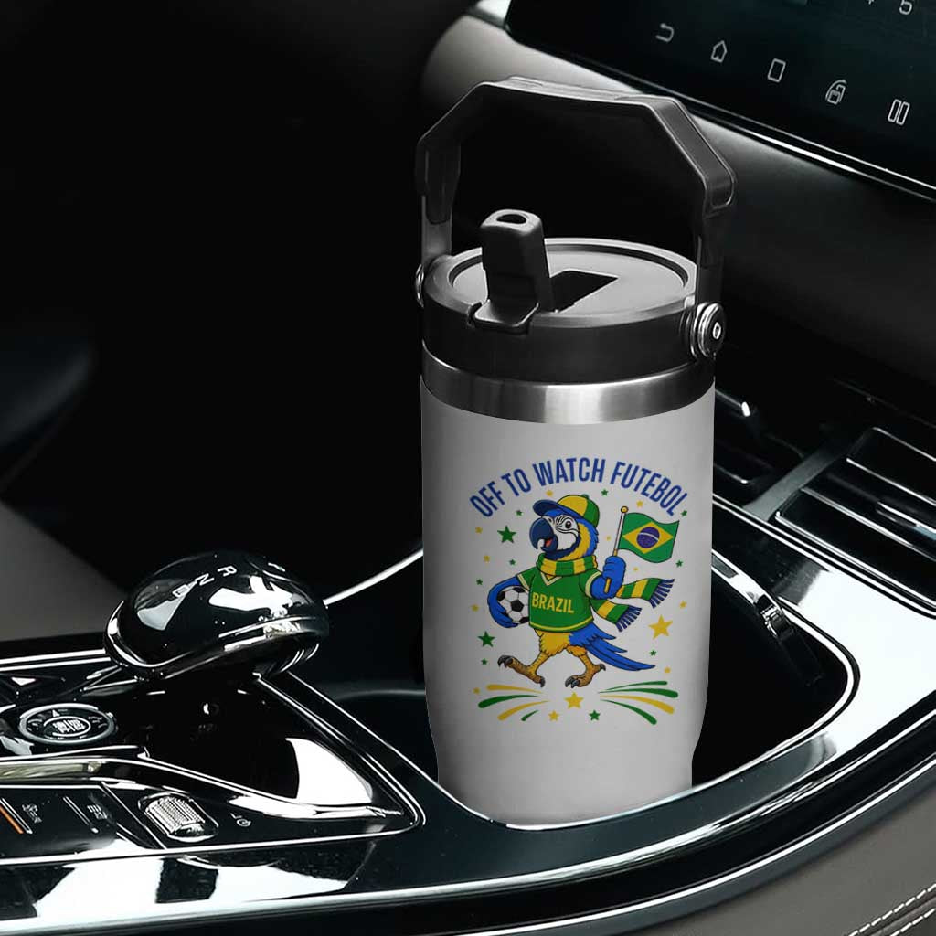 Off To Watch Futebol Flip Straw Tumbler Funny Brazil Macaw Soccer Fan