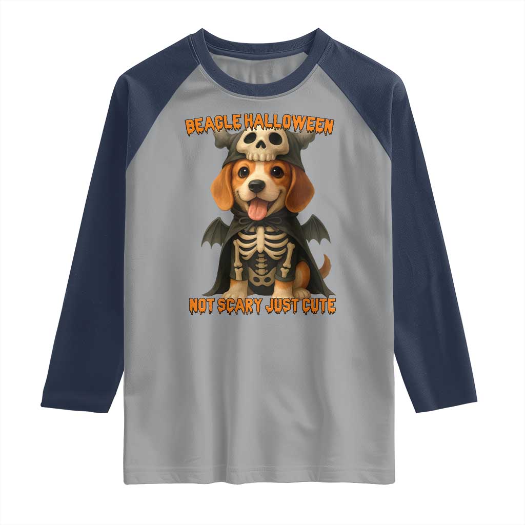 Beagle Halloween Skeleton Raglan Shirt Not Scary Just Cute Dog Lover TS12 Sport Gray Navy Print Your Wear