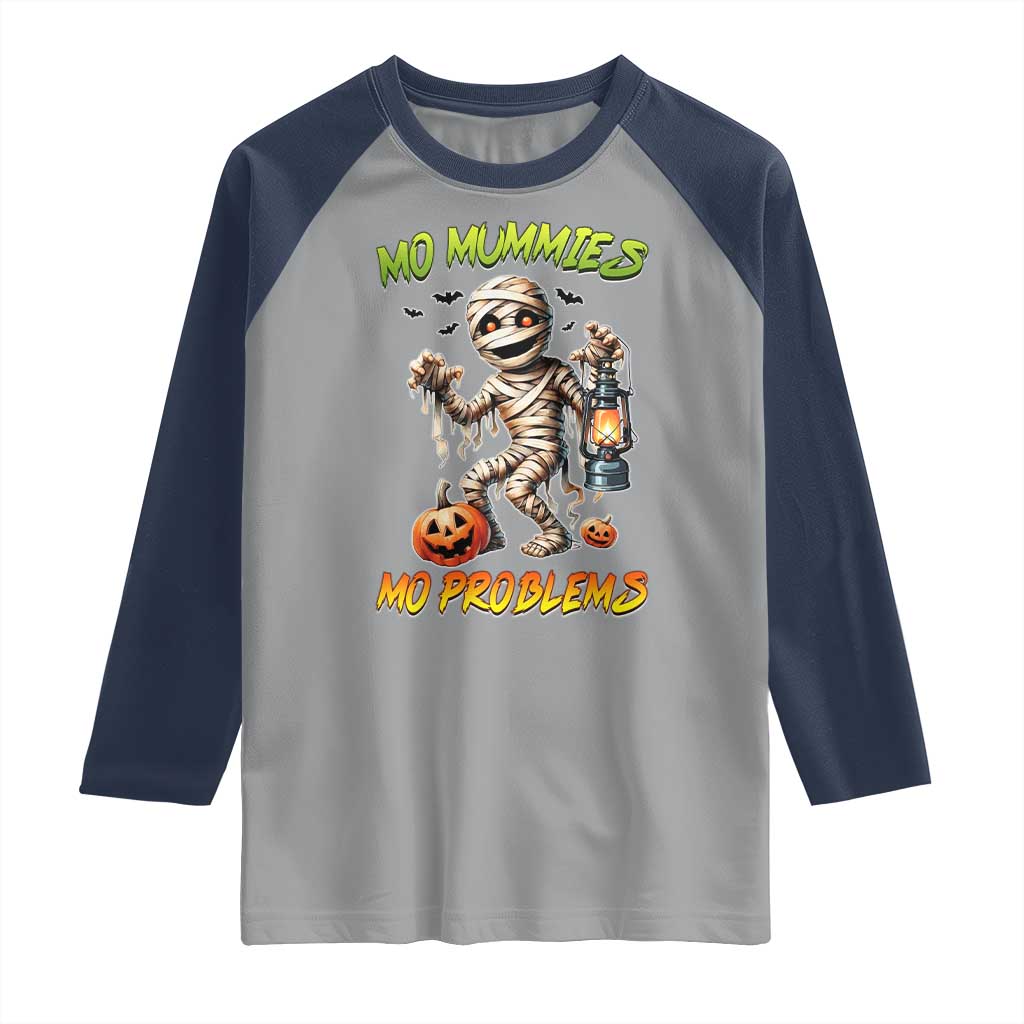 Halloween Mummy Raglan Shirt Funny Mo Mummies Mo Problems TS12 Sport Gray Navy Print Your Wear