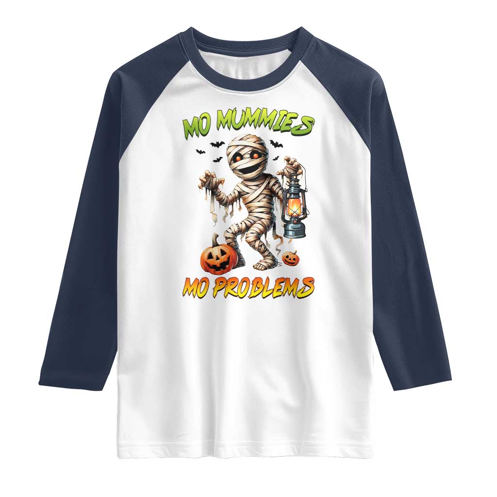 Halloween Mummy Raglan Shirt Funny Mo Mummies Mo Problems TS12 White Navy Print Your Wear