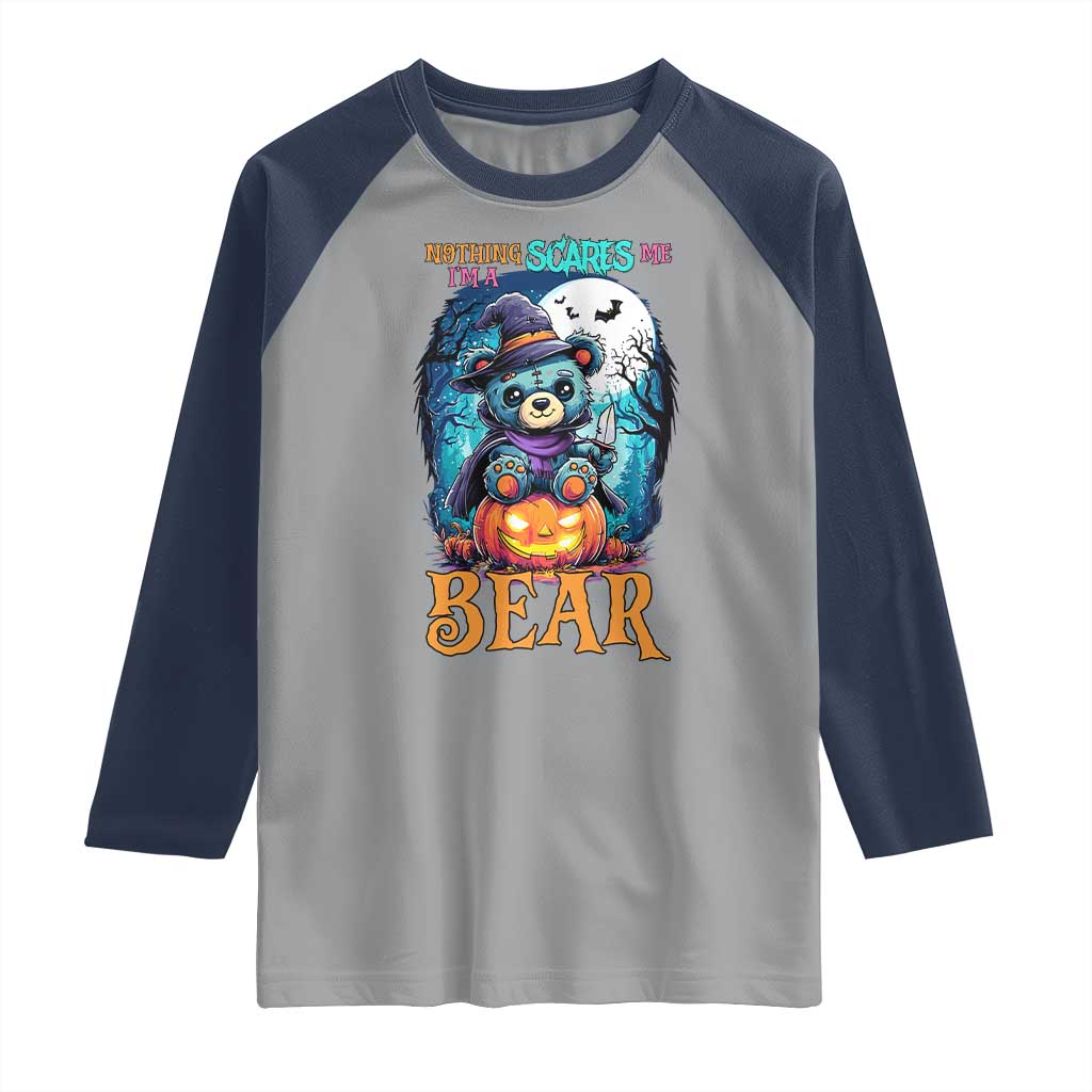 Halloween Killer Witch Teddy Bear Raglan Shirt Nothing Scares Me TS12 Sport Gray Navy Print Your Wear