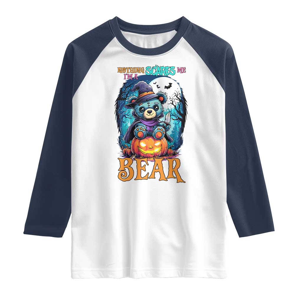 Halloween Killer Witch Teddy Bear Raglan Shirt Nothing Scares Me TS12 White Navy Print Your Wear