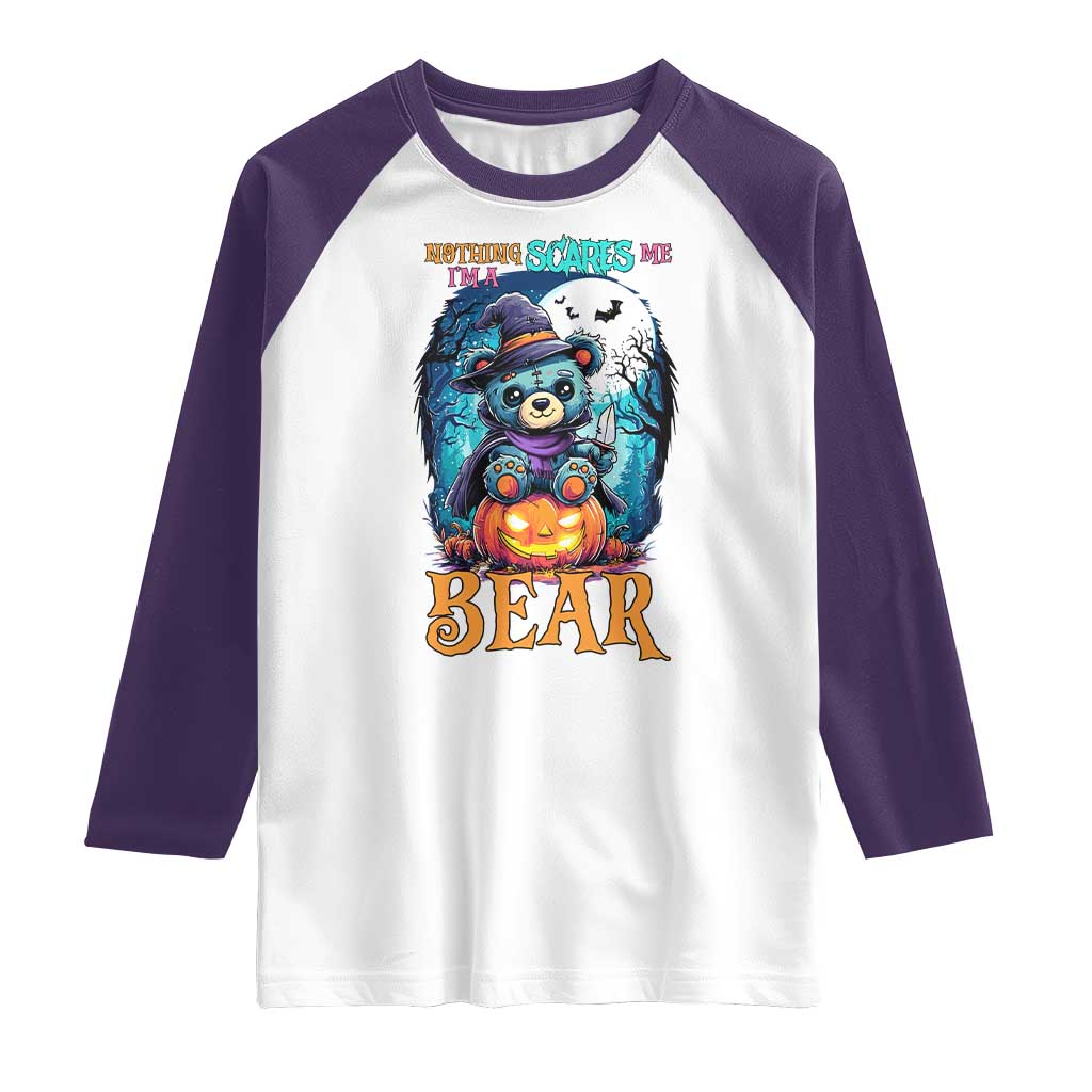 Halloween Killer Witch Teddy Bear Raglan Shirt Nothing Scares Me TS12 White Purple Print Your Wear