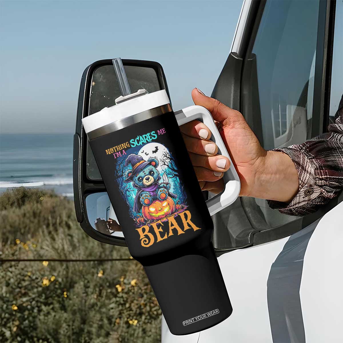 Halloween Killer Witch Teddy Bear Tumbler With Handle Nothing Scares Me TS12 Print Your Wear