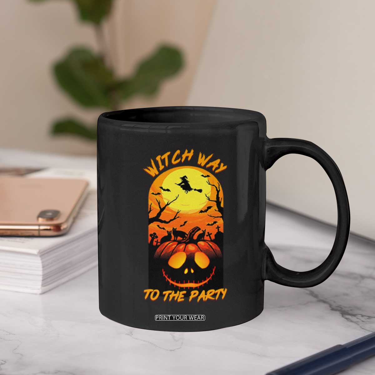 Halloween Witch Way To The Party Coffee Mug Black Cat Pumpkin TS12 Print Your Wear