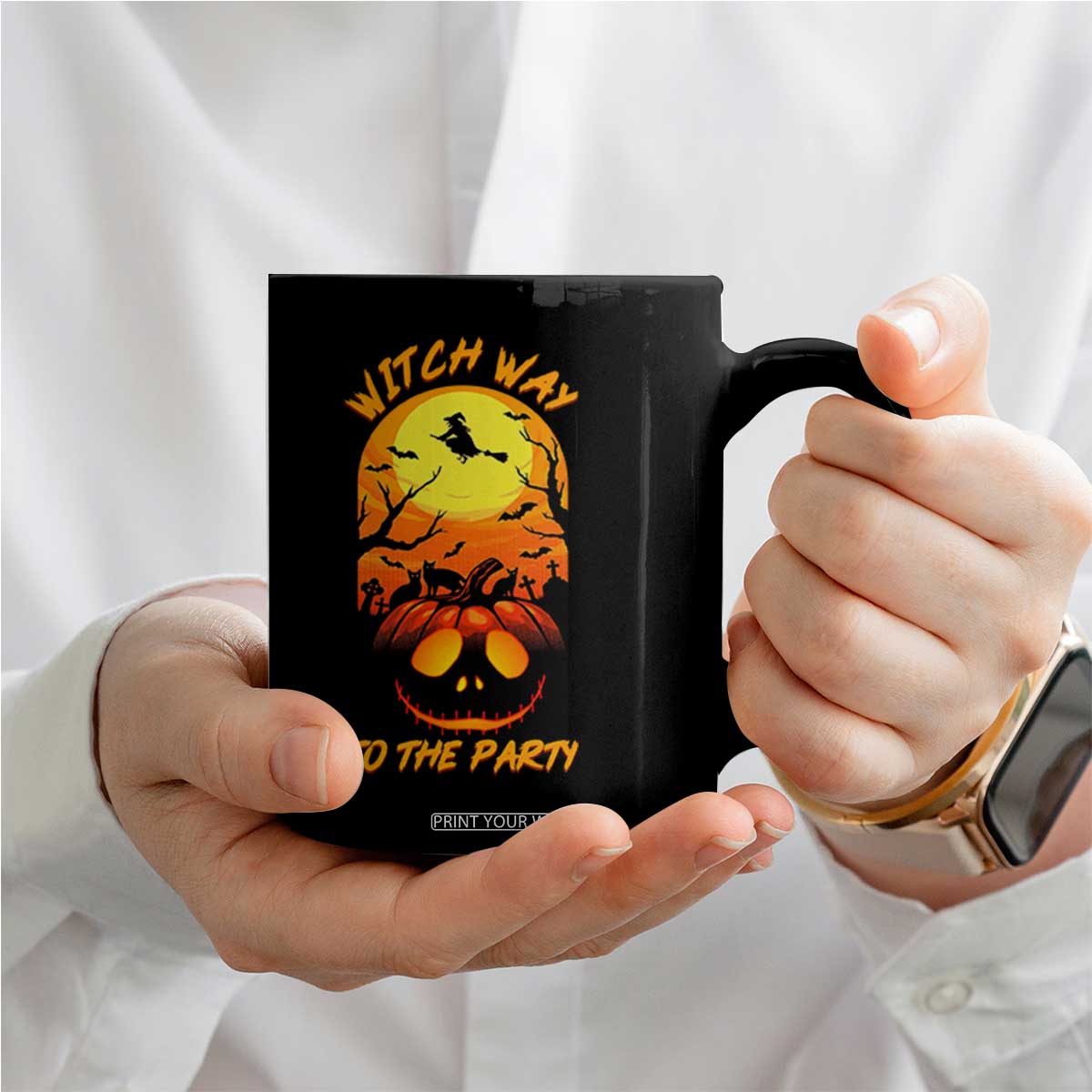 Halloween Witch Way To The Party Coffee Mug Black Cat Pumpkin TS12 Print Your Wear