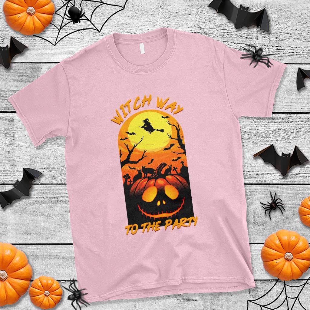 Halloween Witch Way To The Party T Shirt Black Cat Pumpkin TS12 Light Pink Print Your Wear