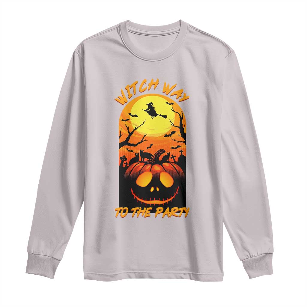 Halloween Witch Way To The Party Long Sleeve Shirt Black Cat Pumpkin TS12 Ice Gray Print Your Wear
