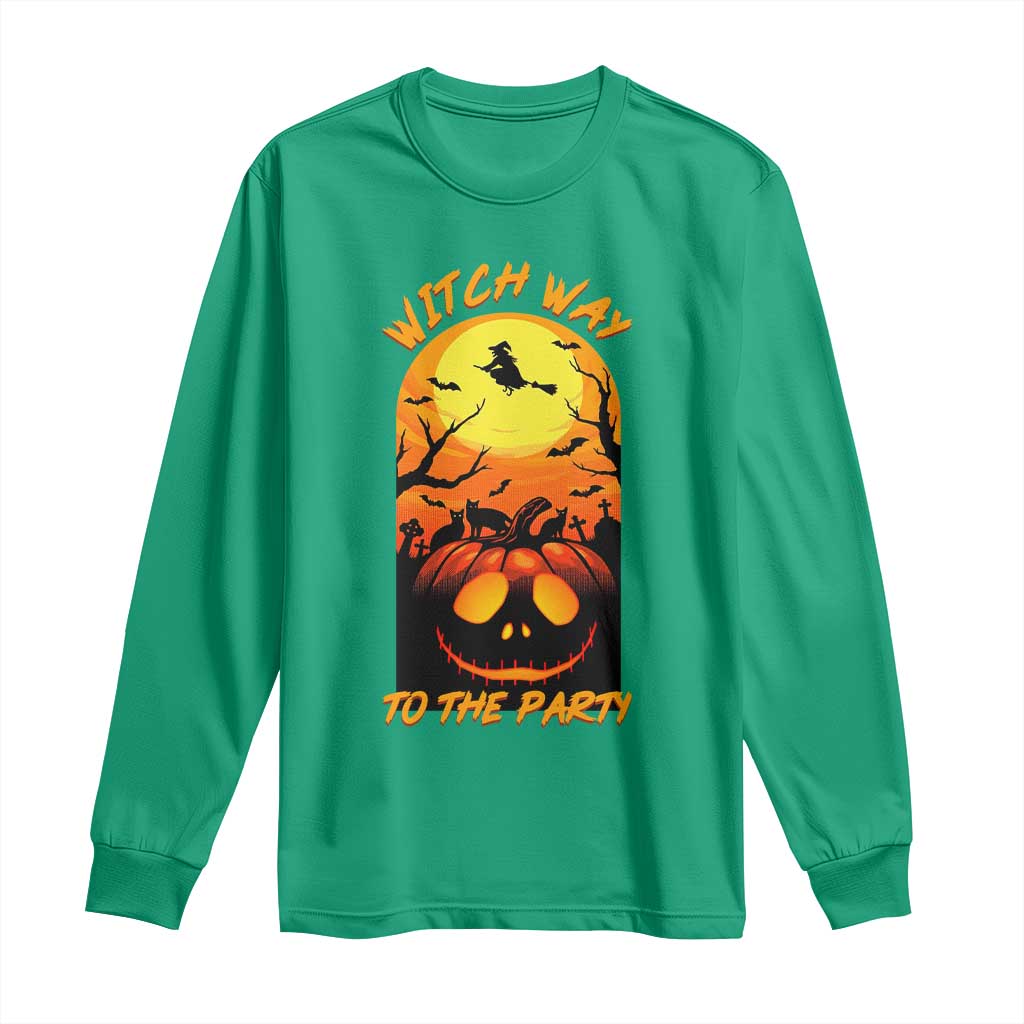 Halloween Witch Way To The Party Long Sleeve Shirt Black Cat Pumpkin TS12 Irish Green Print Your Wear