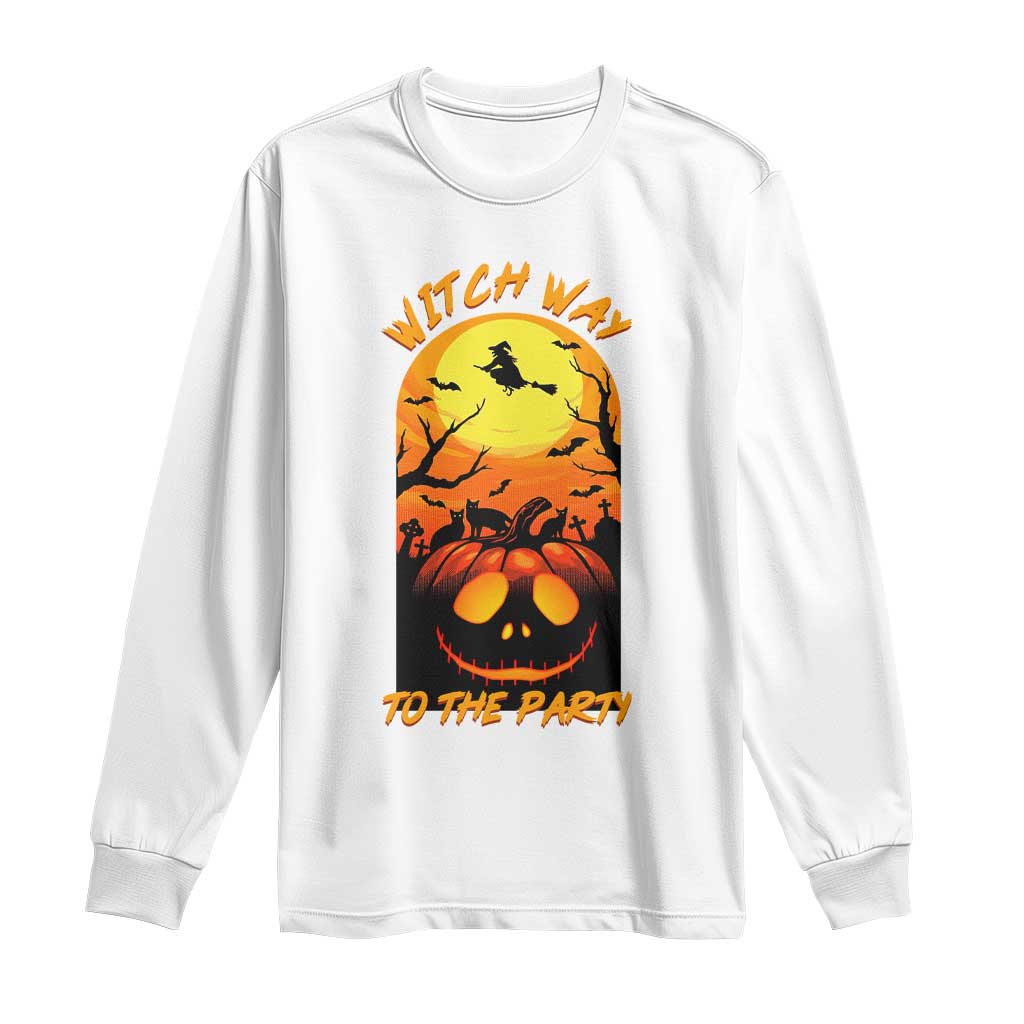 Halloween Witch Way To The Party Long Sleeve Shirt Black Cat Pumpkin TS12 White Print Your Wear