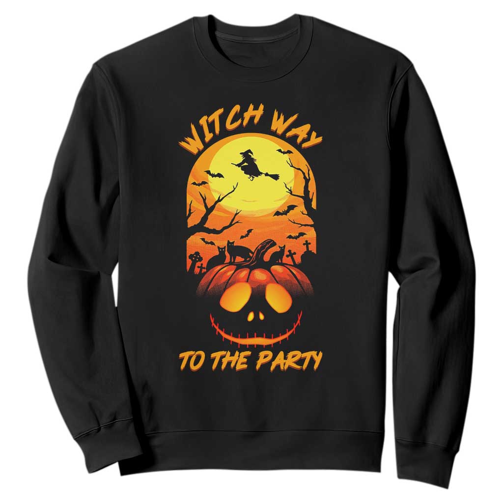 Halloween Witch Way To The Party Sweatshirt Black Cat Pumpkin TS12 Black Print Your Wear