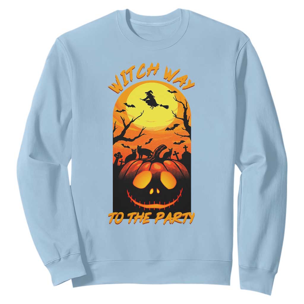Halloween Witch Way To The Party Sweatshirt Black Cat Pumpkin TS12 Light Blue Print Your Wear