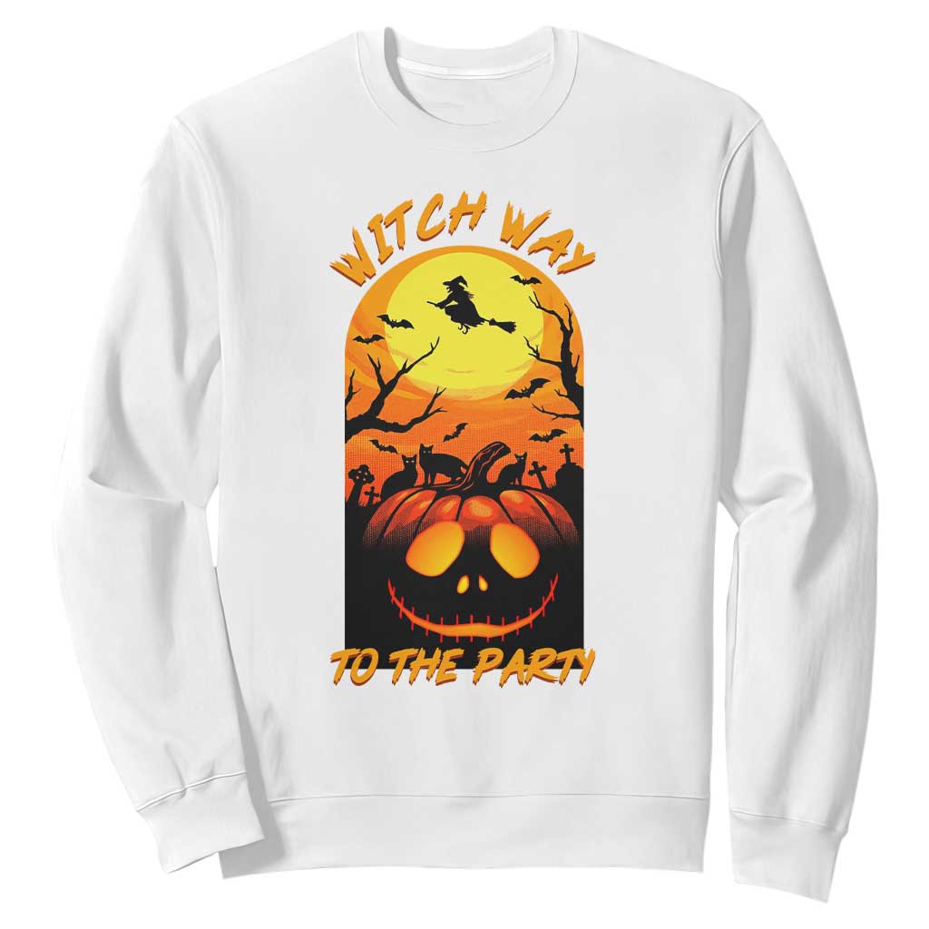 Halloween Witch Way To The Party Sweatshirt Black Cat Pumpkin TS12 White Print Your Wear