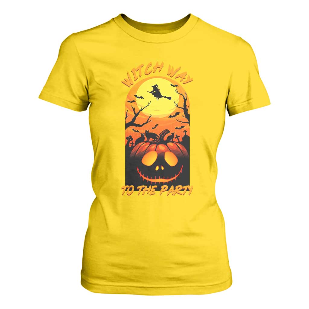 Halloween Witch Way To The Party T Shirt For Women Black Cat Pumpkin TS12 Daisy Print Your Wear
