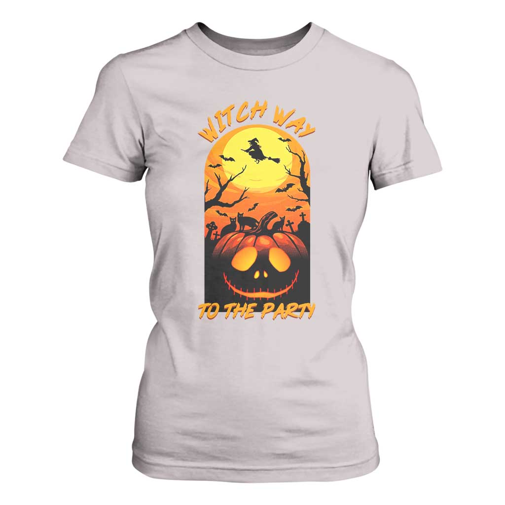Halloween Witch Way To The Party T Shirt For Women Black Cat Pumpkin TS12 Ice Gray Print Your Wear