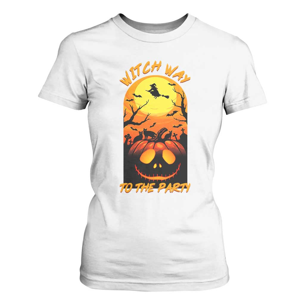 Halloween Witch Way To The Party T Shirt For Women Black Cat Pumpkin TS12 White Print Your Wear